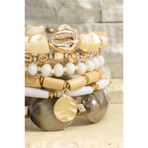 SOLD OUT Island Dreams Boho Wood Metal Stone Glass Bead Coin Stretch Bracelet - Picture 2 of 3